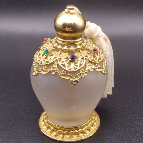 Frosted Glass Small Perfume 3'' Bottle with Rhinestones gold tone - Picture 1 of 5